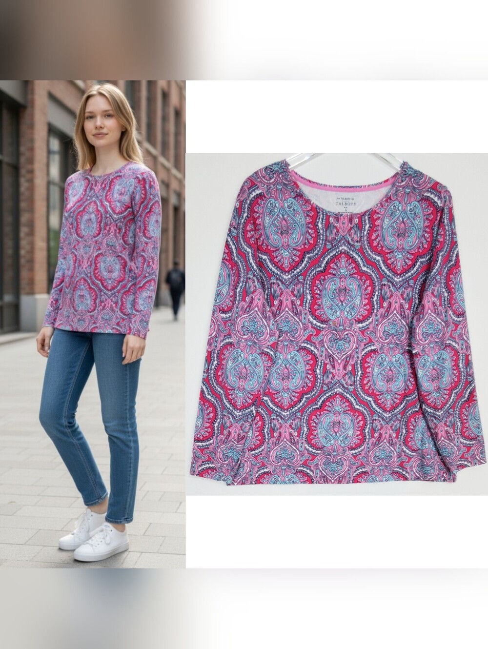 Talbots plus 2X classic cotton crewneck tee long sleeves paisley bohemian casual